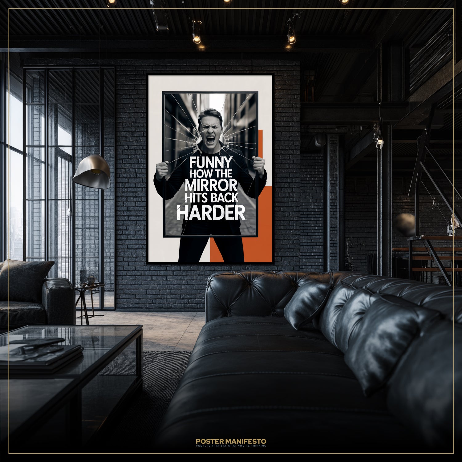Modern living room with a black leather sofa and a framed poster on the wall.