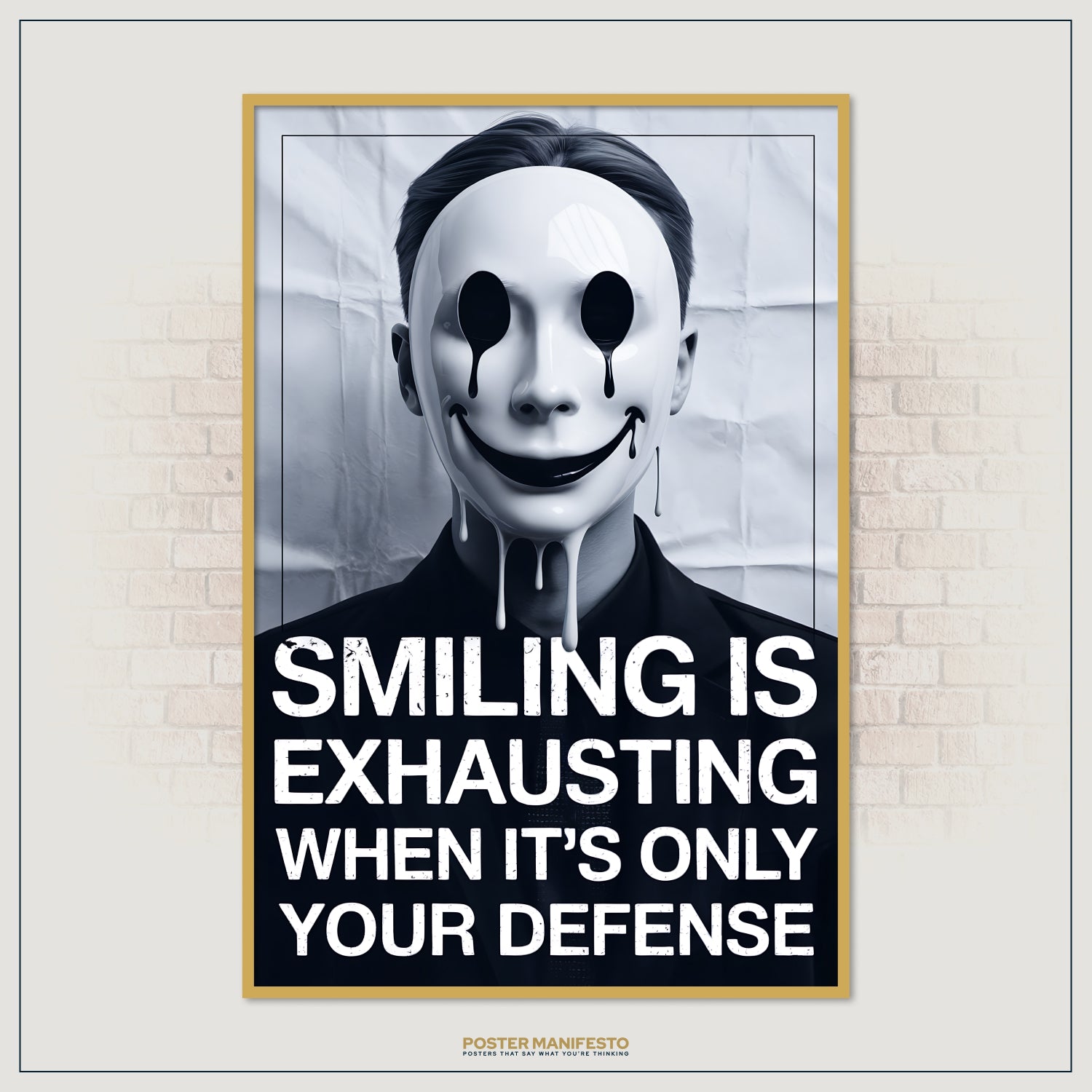 Black-and-white conceptual poster depicting a haunting mask with exaggerated smile and dripping eye sockets, with impactful bold typography expressing emotional fatigue.