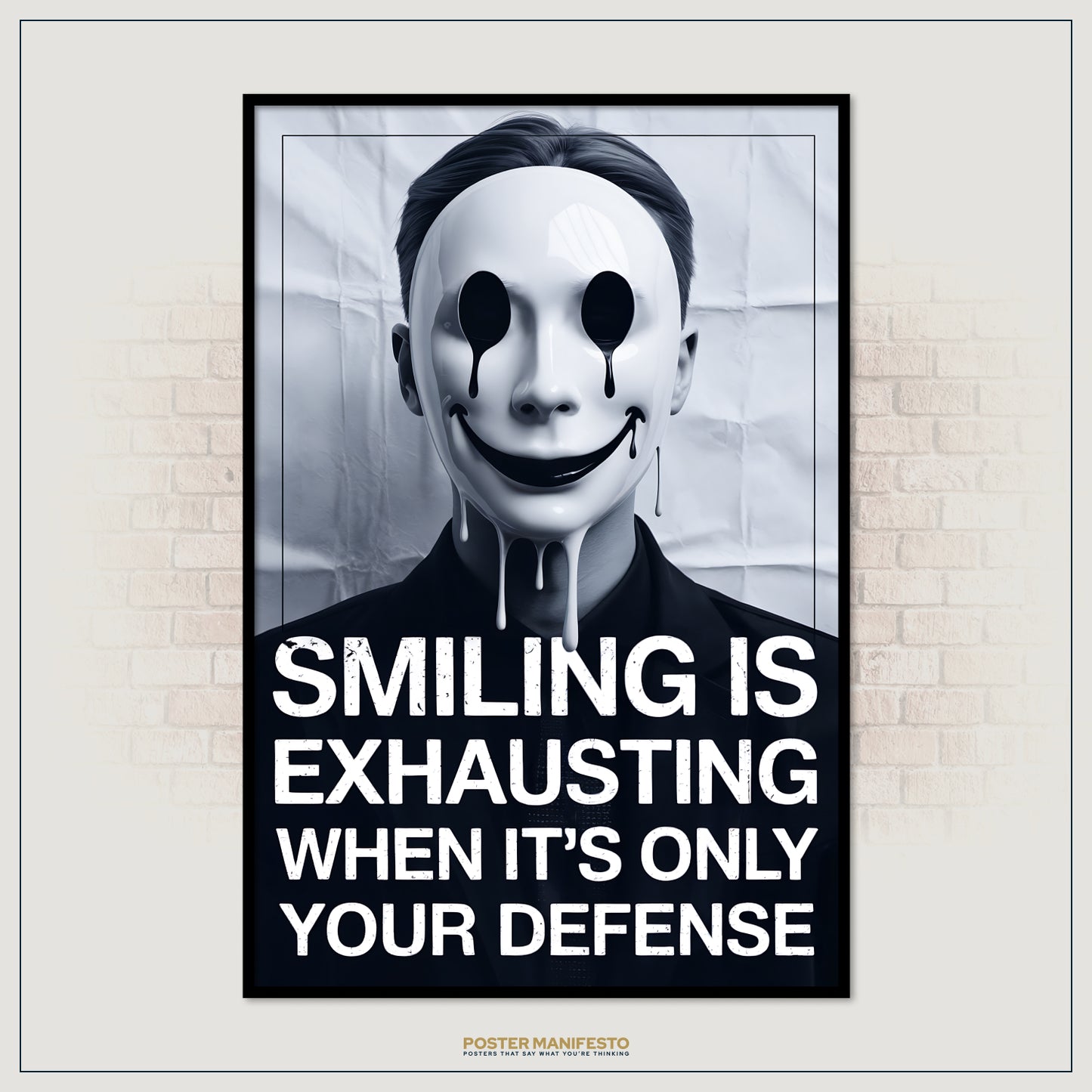 Poster with a person wearing a mask and text on a brick wall background