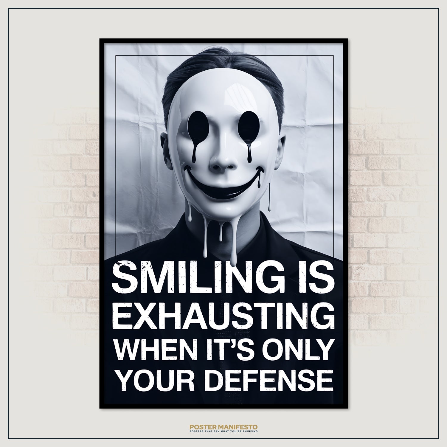 Poster with a person wearing a mask and text on a brick wall background