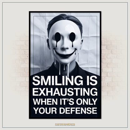 Poster with a person wearing a mask and text on a brick wall background
