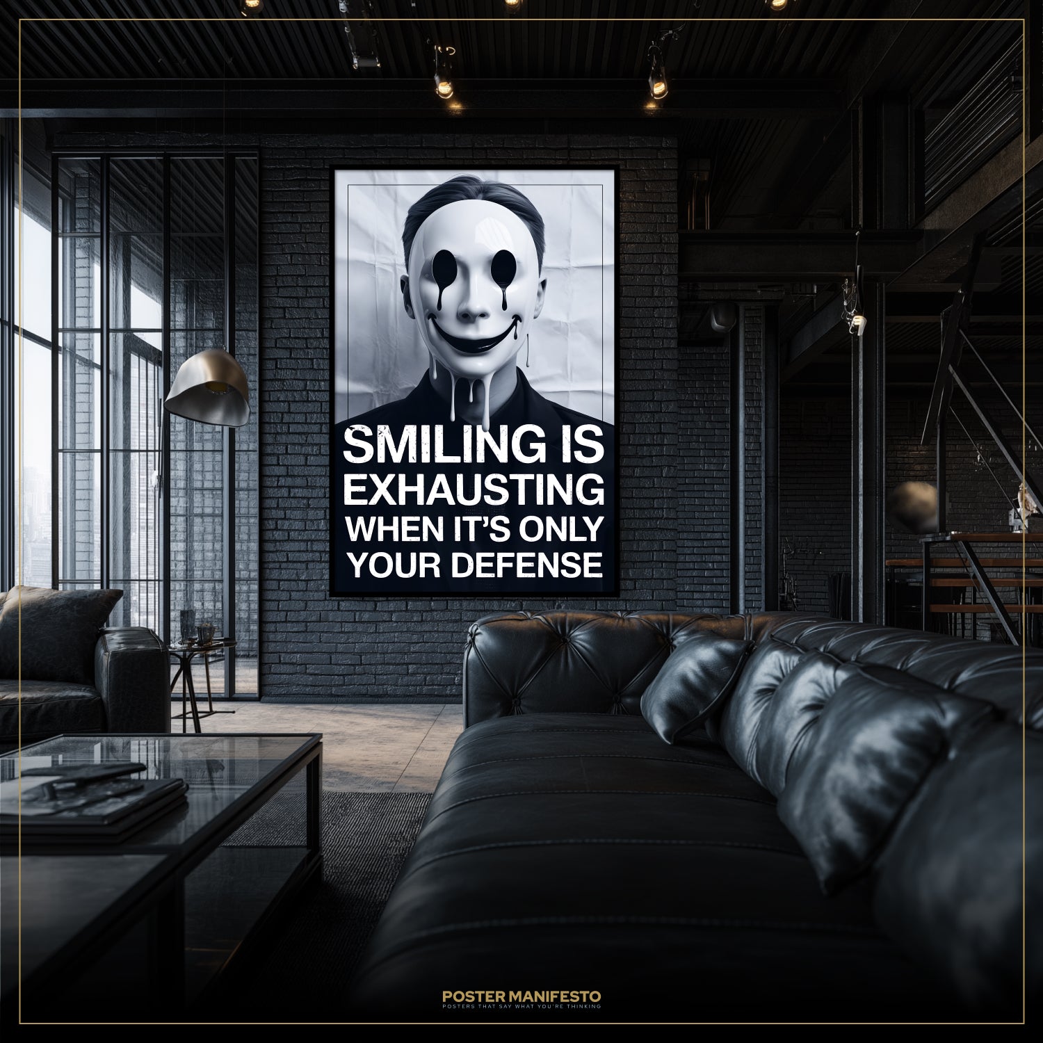 Poster with a black and white image of a person wearing a mask and text in a modern living room.