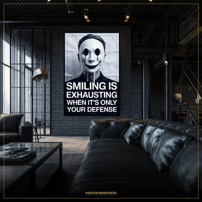 Poster with a black and white image of a person wearing a mask and text in a modern living room.