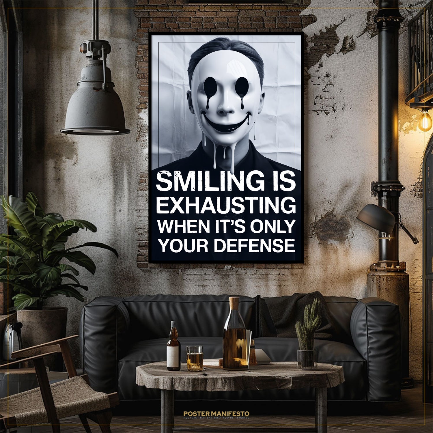 Living room with a dark-themed poster on the wall, featuring a stylized face and text.