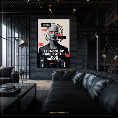 Modern living room with a black leather sofa and a motivational poster on the wall.