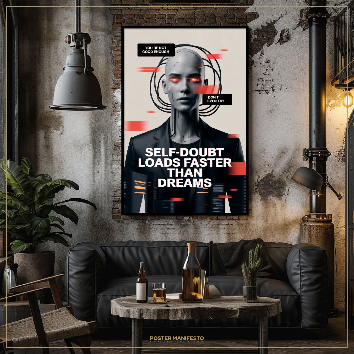 Living room with a dark-themed poster on the wall, a black sofa, and a coffee table with drinks.