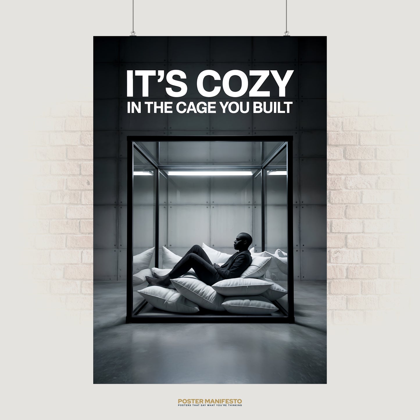 Minimalist conceptual poster of a man lounging on white pillows inside a glass cage, with bold text reading “It’s Cozy In The Cage You Built,” symbolizing self-imposed limitations.