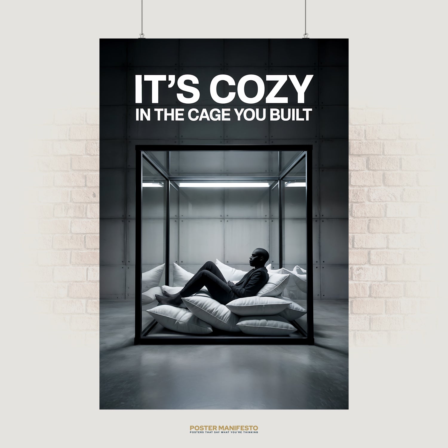 Minimalist conceptual poster of a man lounging on white pillows inside a glass cage, with bold text reading “It’s Cozy In The Cage You Built,” symbolizing self-imposed limitations.