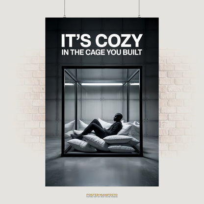 Minimalist conceptual poster of a man lounging on white pillows inside a glass cage, with bold text reading “It’s Cozy In The Cage You Built,” symbolizing self-imposed limitations.