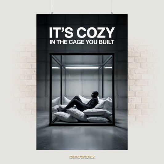 Minimalist conceptual poster of a man lounging on white pillows inside a glass cage, with bold text reading “It’s Cozy In The Cage You Built,” symbolizing self-imposed limitations.