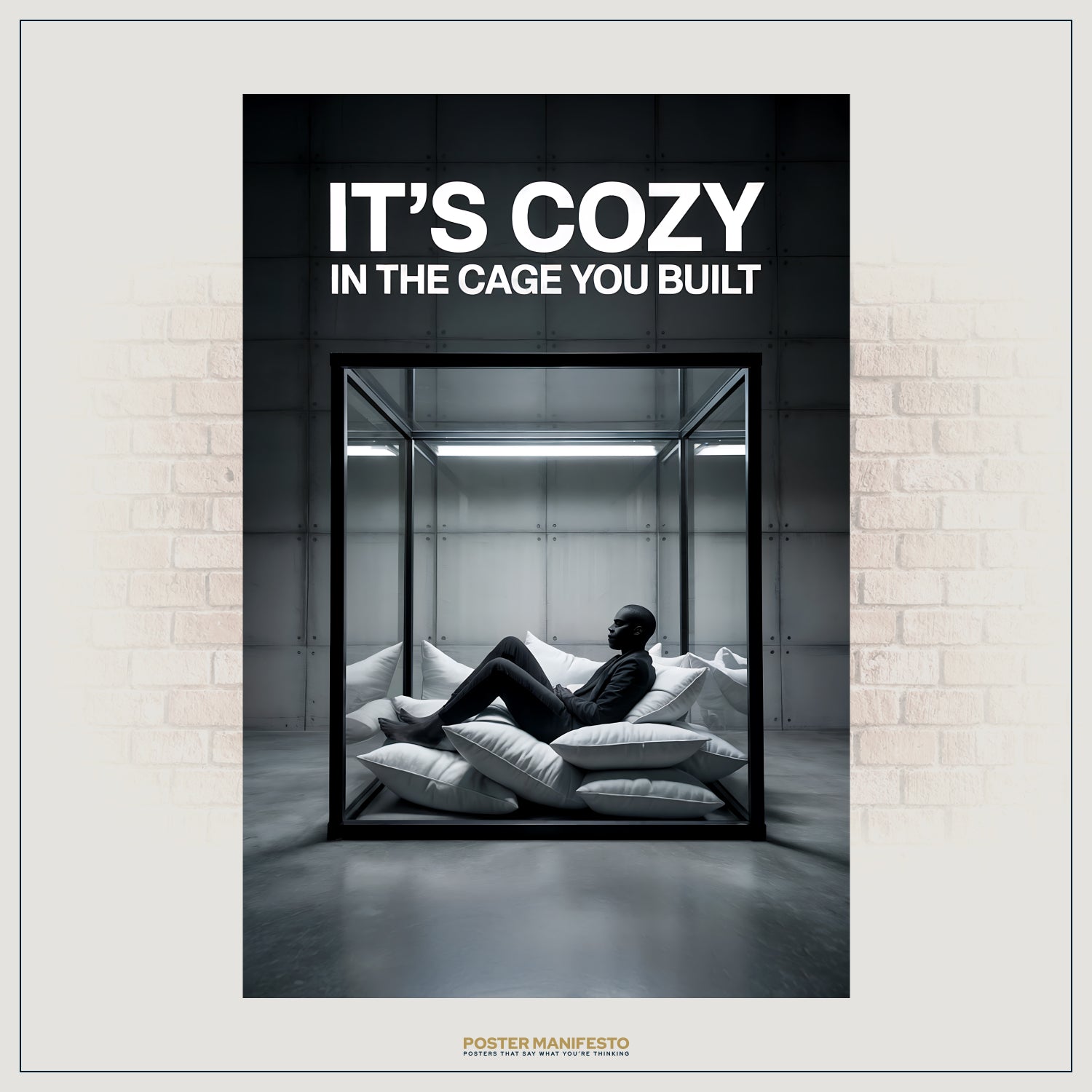 Striking modern artwork showing a man in a black suit relaxing inside a transparent cube filled with pillows, paired with the quote “It’s Cozy In The Cage You Built.”