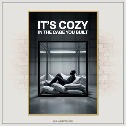 Conceptual wall art of a sleek glass enclosure containing a man seated on cushions, with bold white typography above stating “It’s Cozy In The Cage You Built.”