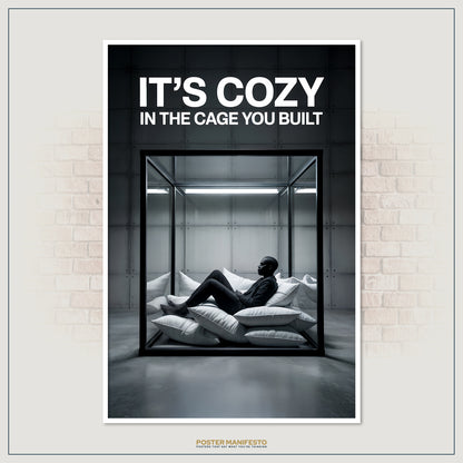 Clean, high-contrast poster depicting a man inside a glass box, surrounded by soft pillows, under the impactful statement “It’s Cozy In The Cage You Built.”