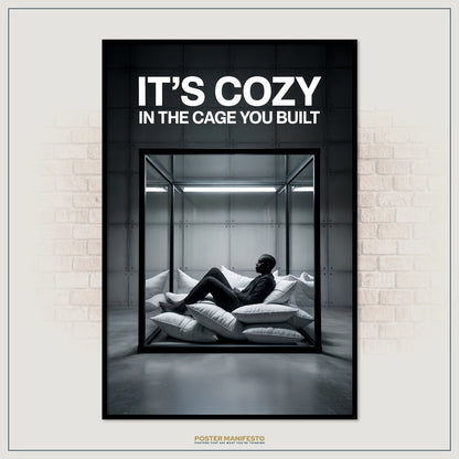 Poster with a person in a glass cage and text 'It's Cozy in the Cage You Built' on a brick wall background.