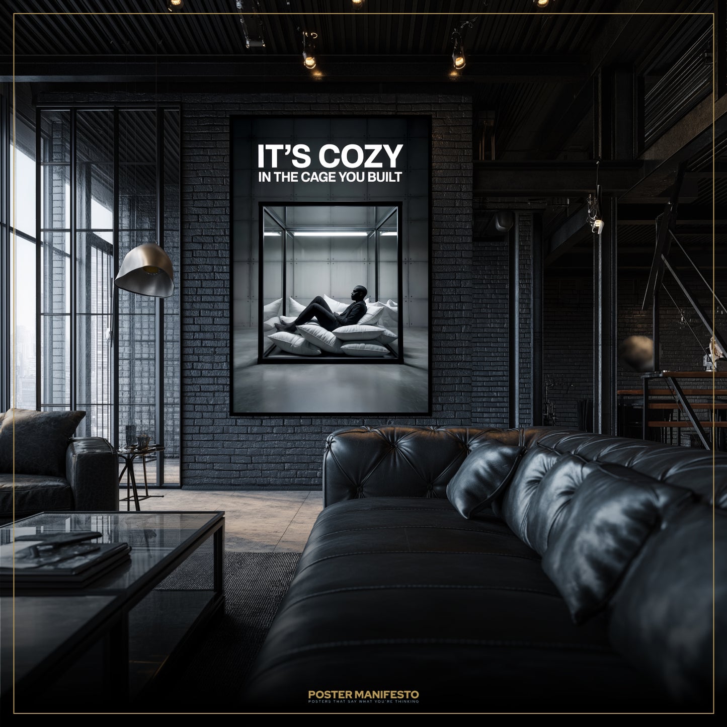 Modern living room with a black leather sofa and a framed poster on the wall.