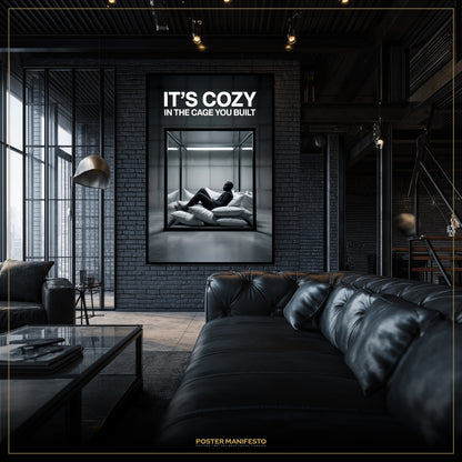Modern living room with a black leather sofa and a framed poster on the wall.