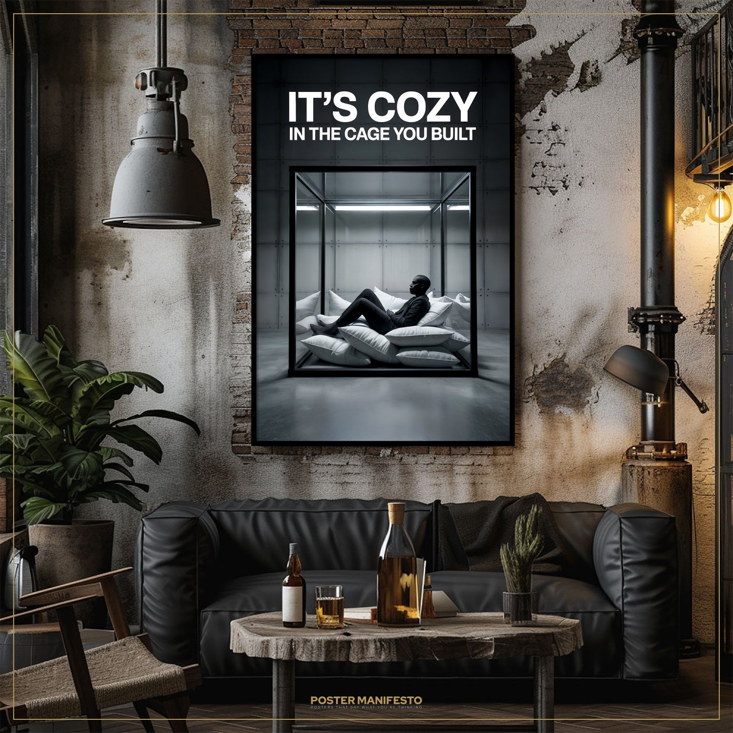 Modern living room with a black sofa, wooden coffee table, and framed poster on the wall.