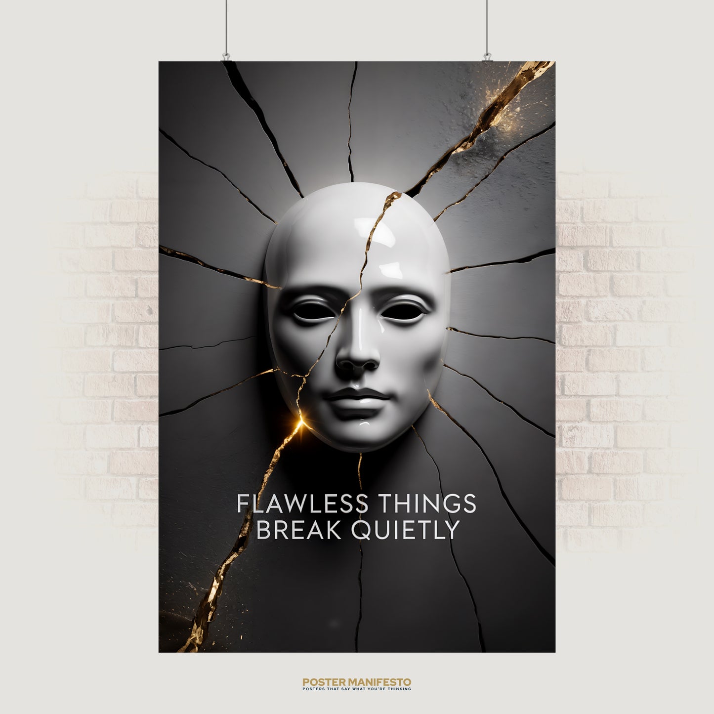 Minimalist poster featuring a flawless white mask lying on a cracked dark surface, with golden seams and the text “Flawless Things Break Quietly,” symbolizing silent fragility.