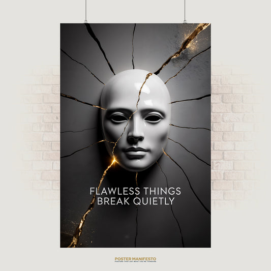 Minimalist poster featuring a flawless white mask lying on a cracked dark surface, with golden seams and the text “Flawless Things Break Quietly,” symbolizing silent fragility.