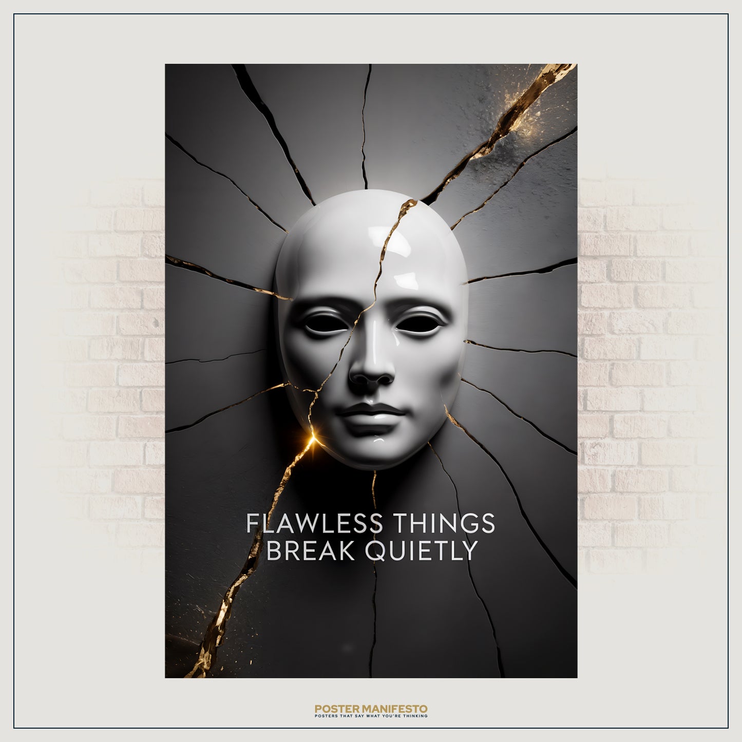 Elegant conceptual artwork of a white mask against a fractured background, accented with glowing gold lines and the poetic phrase “Flawless Things Break Quietly.”