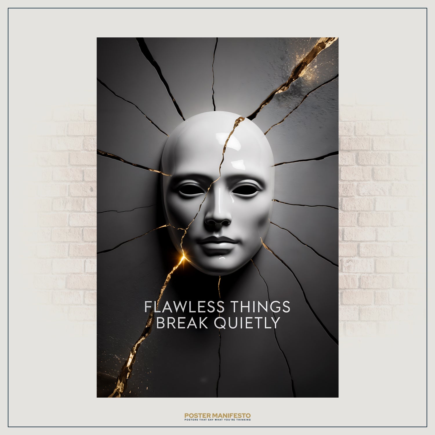 Elegant conceptual artwork of a white mask against a fractured background, accented with glowing gold lines and the poetic phrase “Flawless Things Break Quietly.”