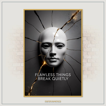 Modern minimalist wall art showing a perfect white mask on a dark cracked wall with golden highlights, paired with the text “Flawless Things Break Quietly.”