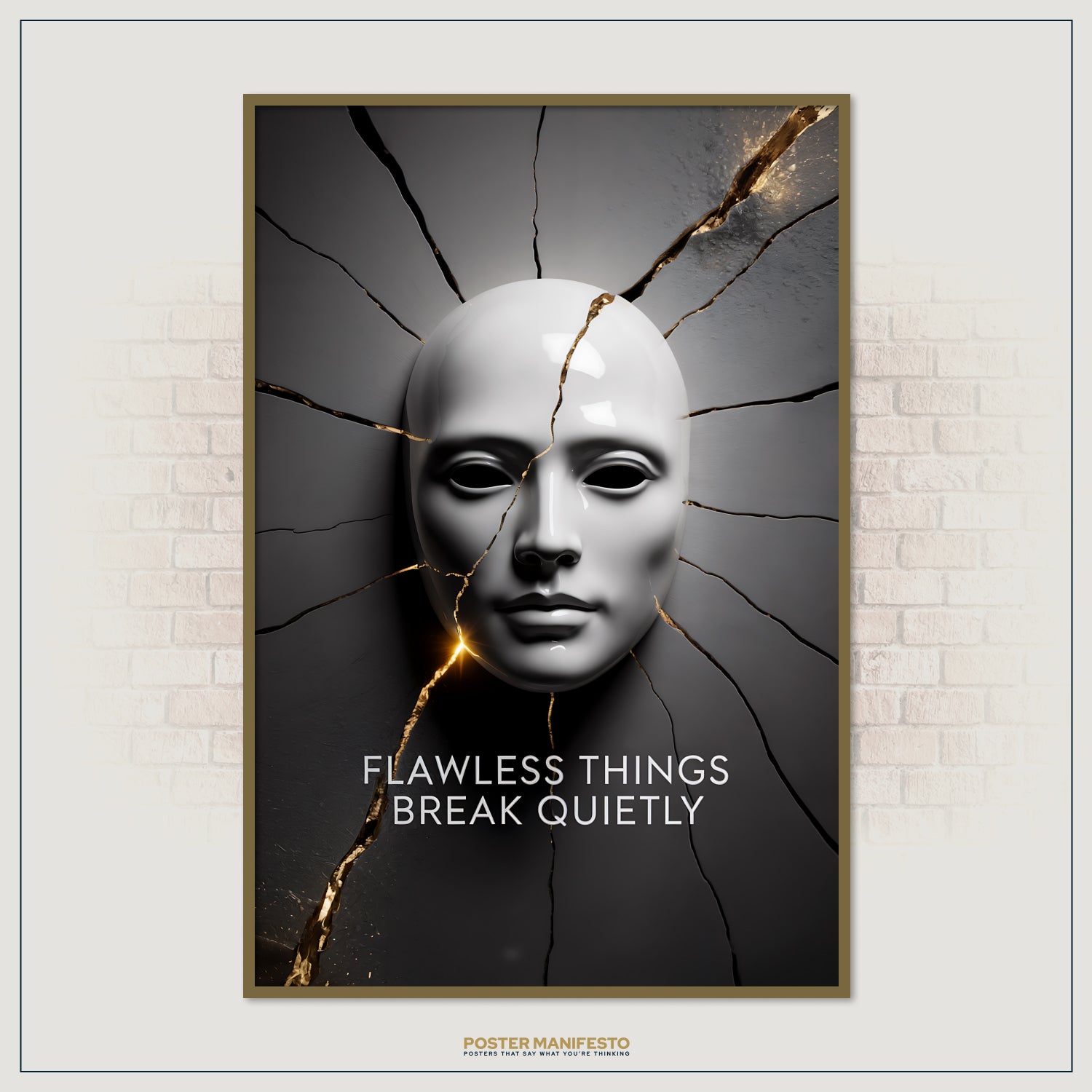 Dark elegant poster showing a cracked surface with a pristine white mask at its center, golden seams highlighting the breaks, and the quote “Flawless Things Break Quietly.”