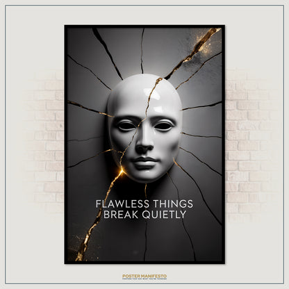 Poster with a cracked helmet design and text 'Flawless things break quietly' on a brick wall background.