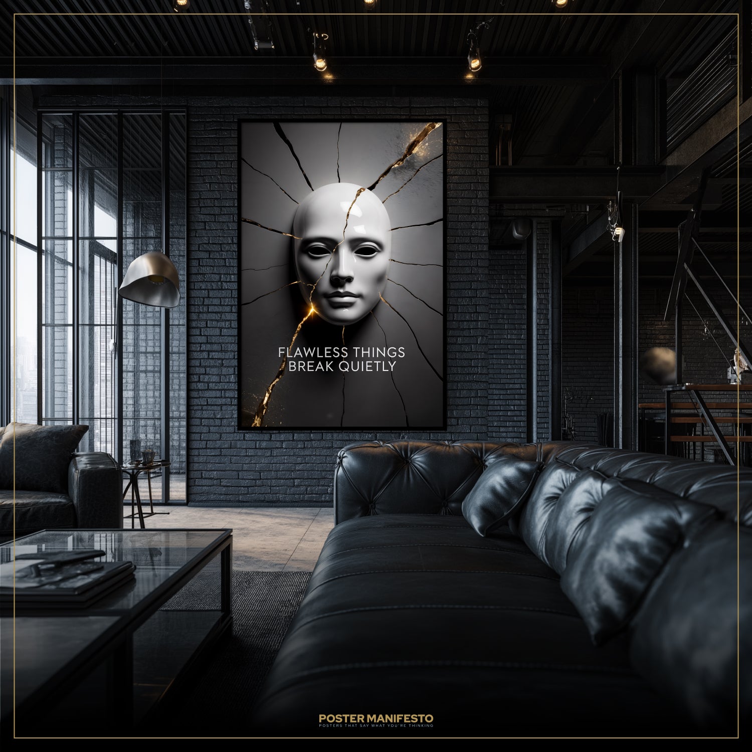 Modern living room with a black leather sofa and a framed artwork on the wall.