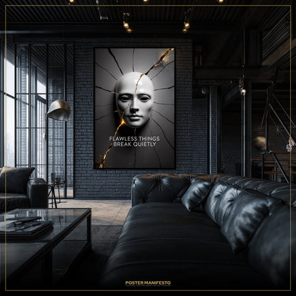 Modern living room with a black leather sofa and a framed artwork on the wall.
