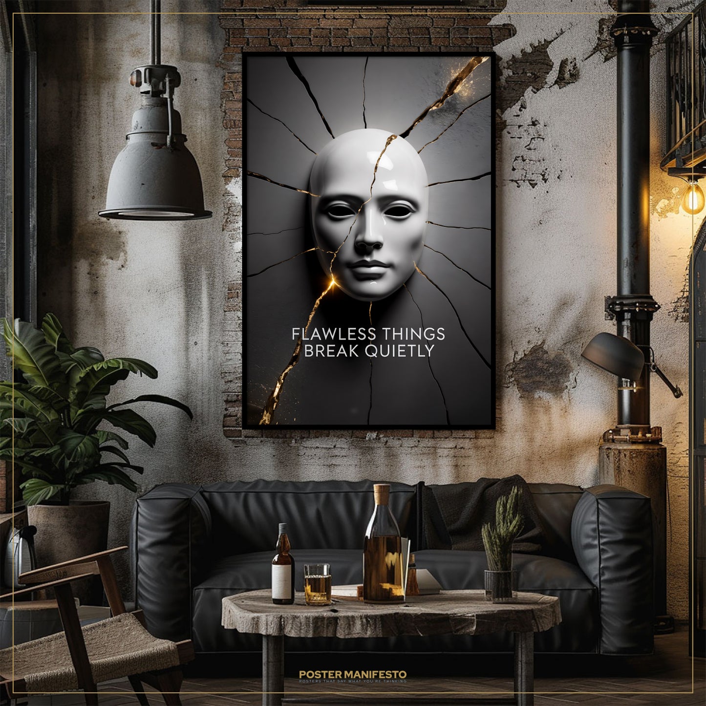 Modern living room with a black leather sofa, coffee table, and a framed poster on the wall.