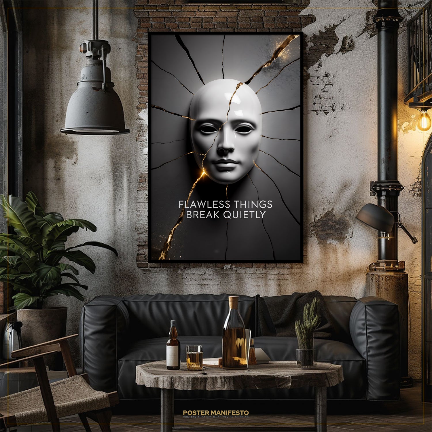 Modern living room with a black leather sofa, coffee table, and a framed poster on the wall.