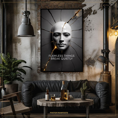 Modern living room with a black leather sofa, coffee table, and a framed poster on the wall.