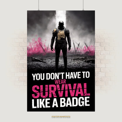 Cinematic poster of a lone armored warrior standing in a battlefield with pink smoke, overlaid with the bold quote “You Don’t Have To Wear Survival Like A Badge.”