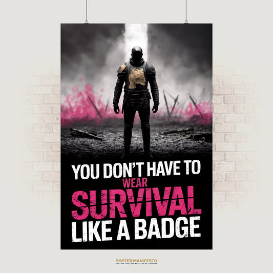 Cinematic poster of a lone armored warrior standing in a battlefield with pink smoke, overlaid with the bold quote “You Don’t Have To Wear Survival Like A Badge.”
