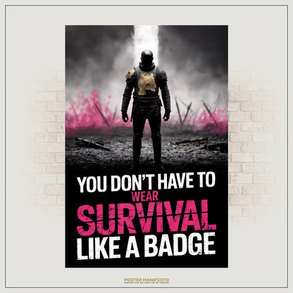 Striking wall art showing a knight in black and gold armor against a desolate battleground, with bold text stating “You Don’t Have To Wear Survival Like A Badge.”