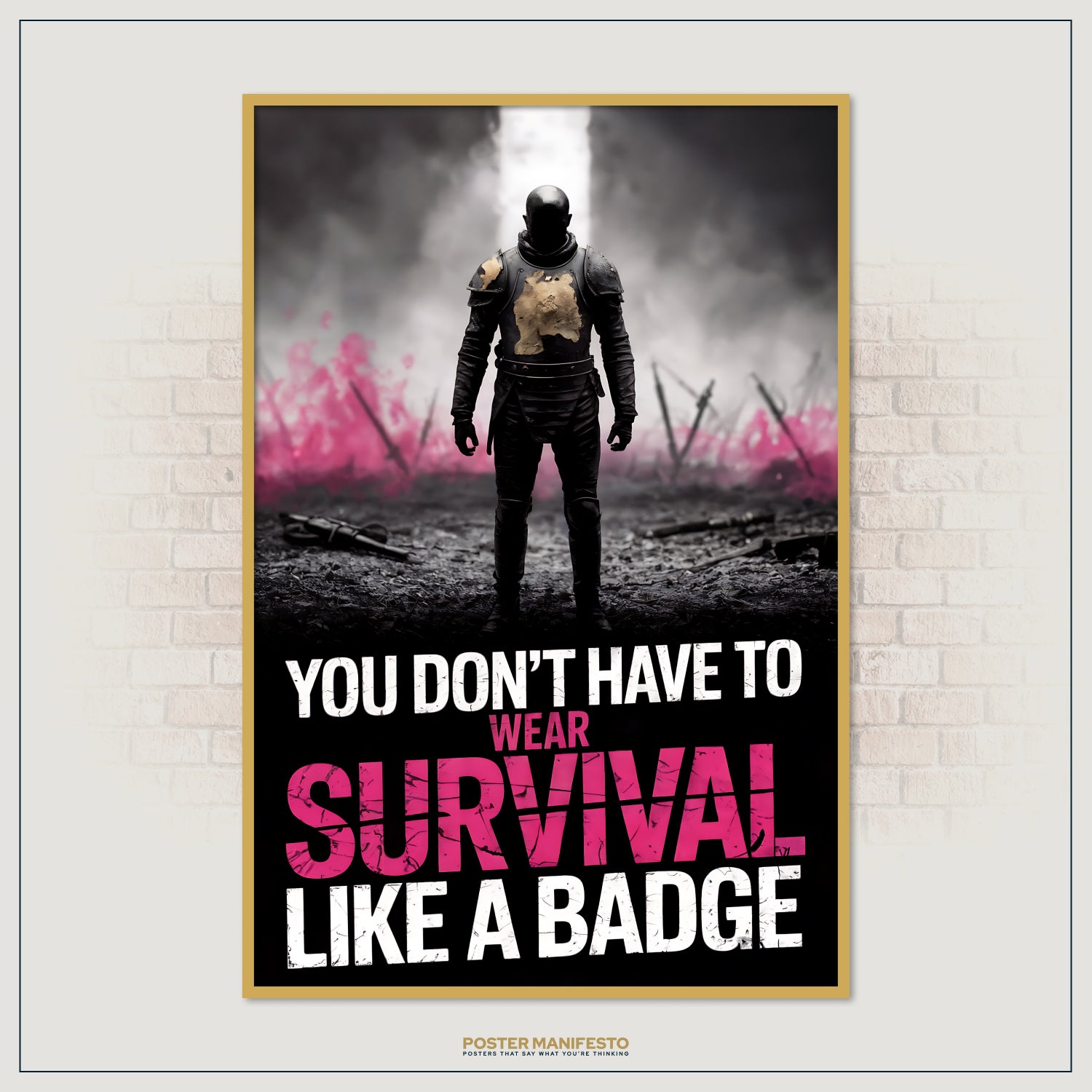 Powerful poster featuring a lone figure in armor, surrounded by fallen swords and pink smoke, with impactful typography on survival and resilience.