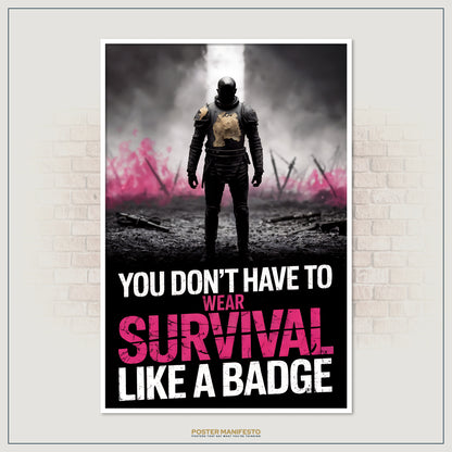 Dramatic artwork of a warrior facing forward on a dark battlefield, highlighted by the phrase “You Don’t Have To Wear Survival Like A Badge” in bold lettering.