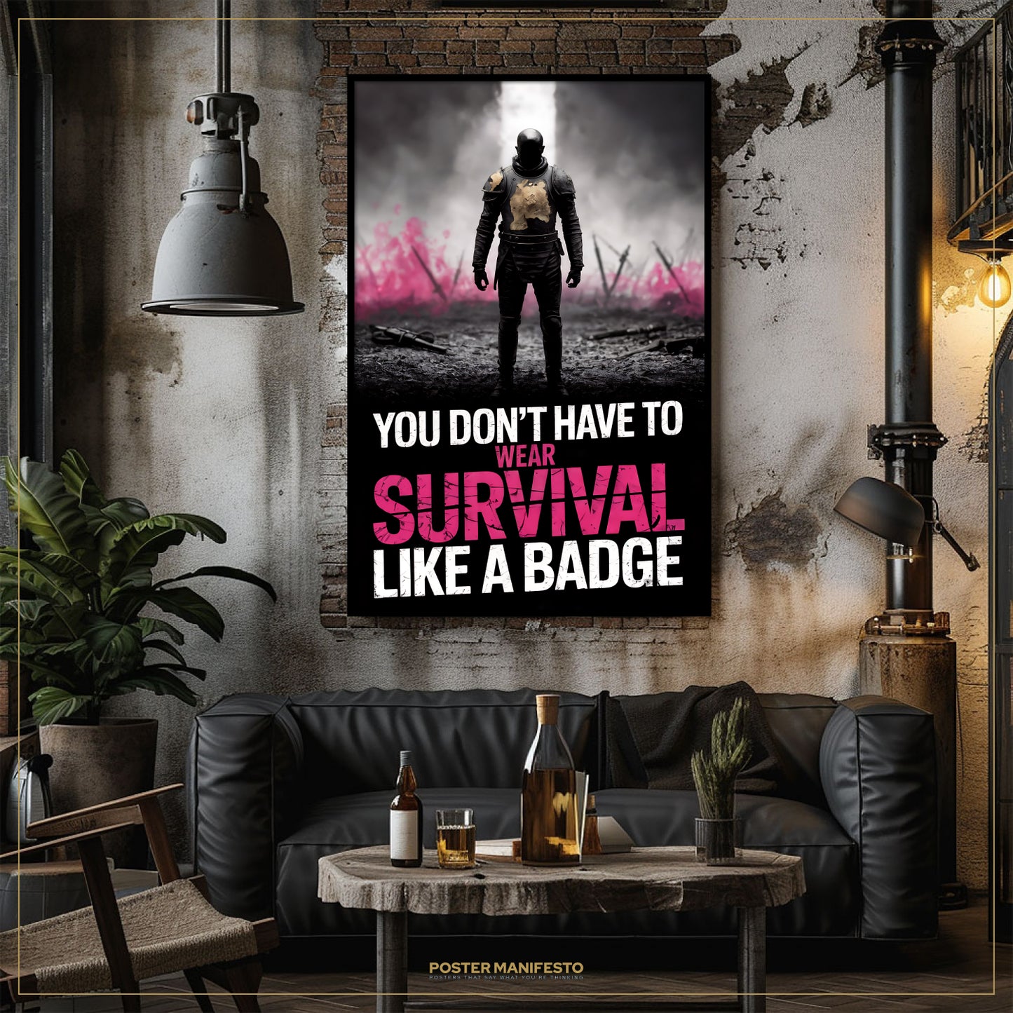 Living room with a dark couch, coffee table, and a motivational poster on the wall.
