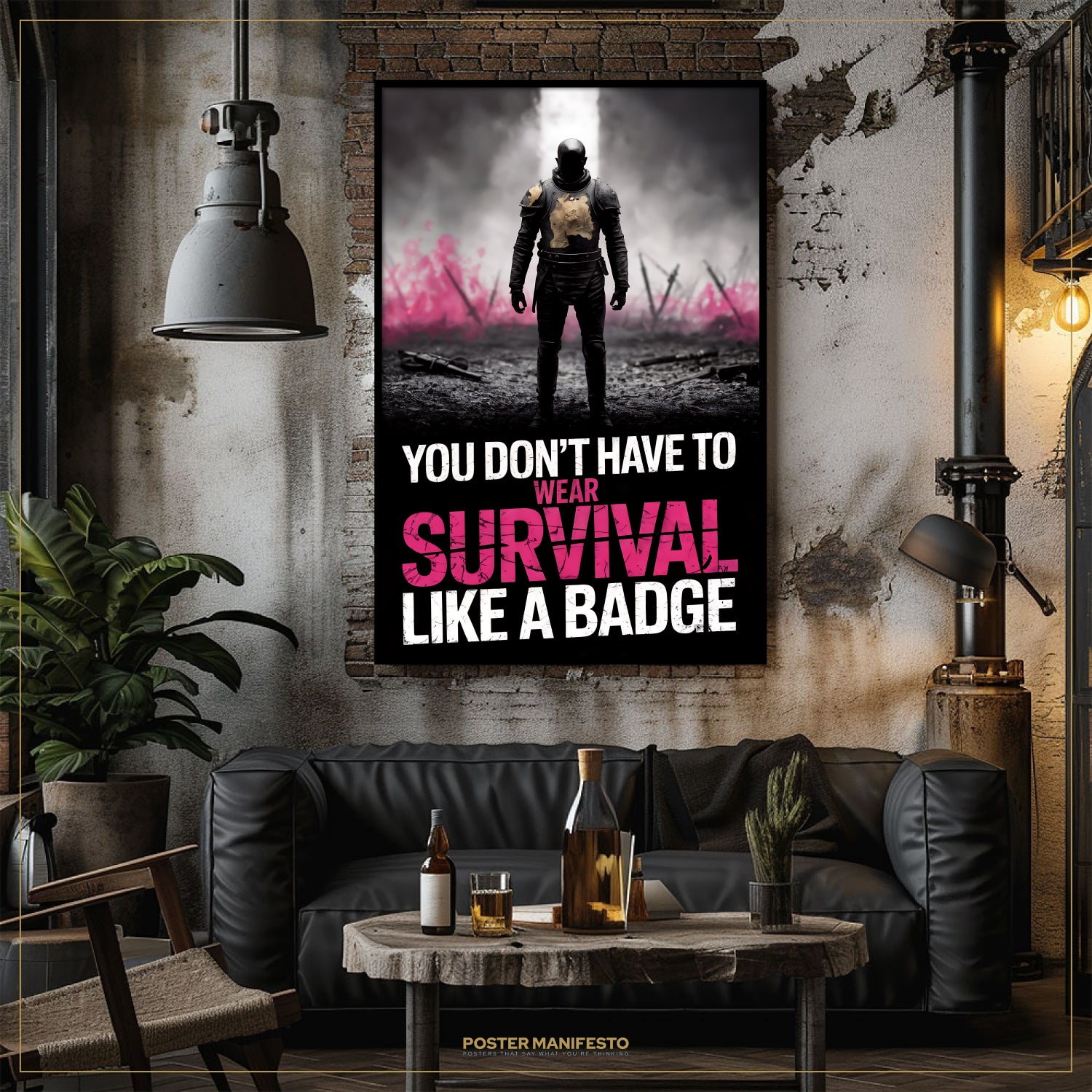 Living room with a dark couch, coffee table, and a motivational poster on the wall.
