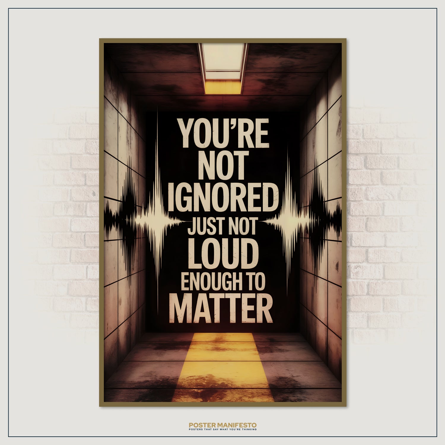 Minimal yet powerful poster design with centered large text, flanked by symmetrical soundwaves, placed over a dark hallway with warm light accents.