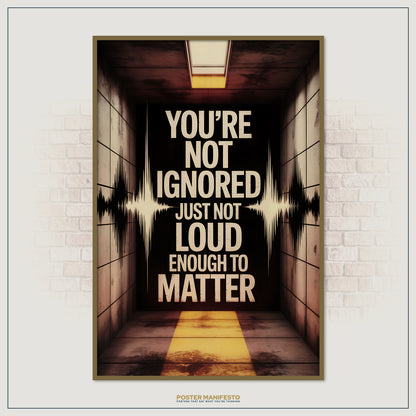 Minimal yet powerful poster design with centered large text, flanked by symmetrical soundwaves, placed over a dark hallway with warm light accents.