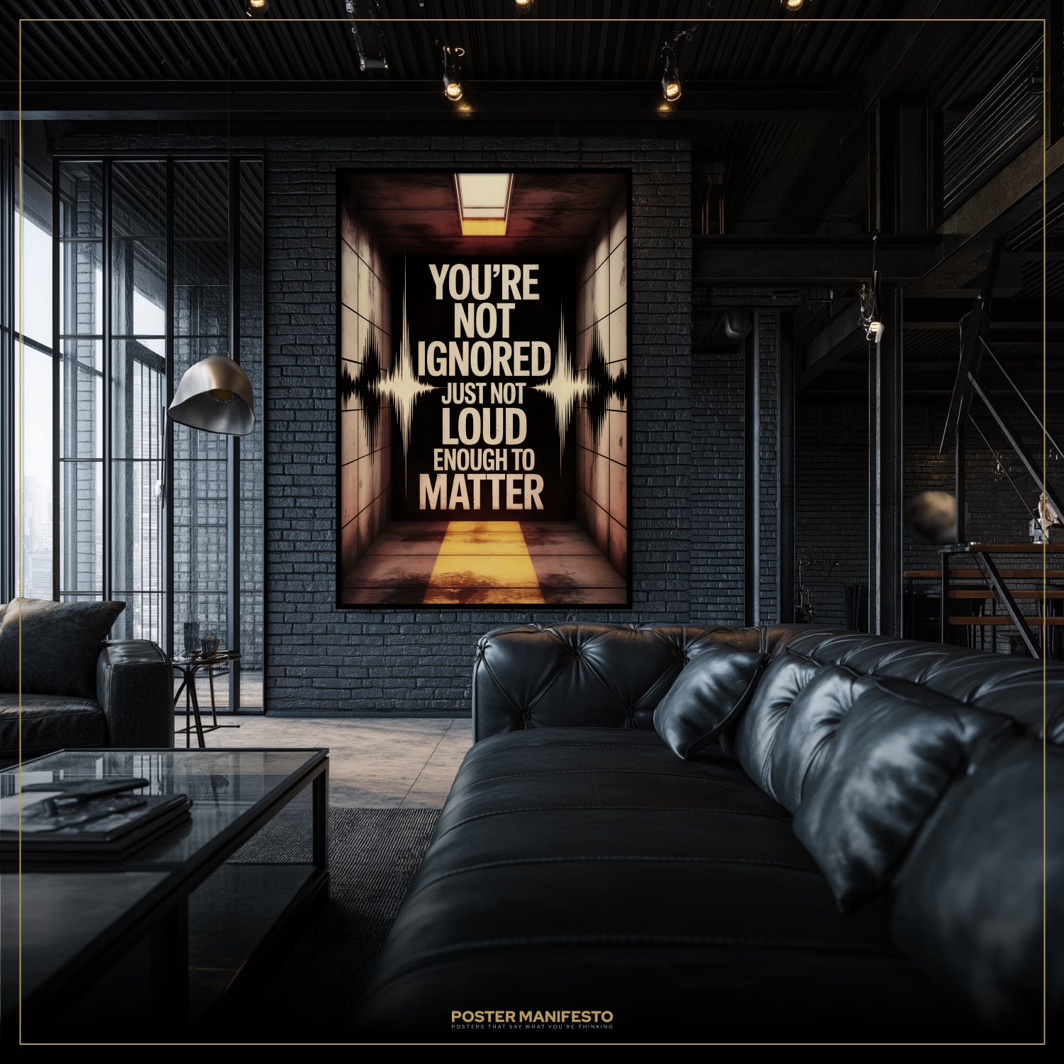 Modern living room with a motivational poster on the wall.