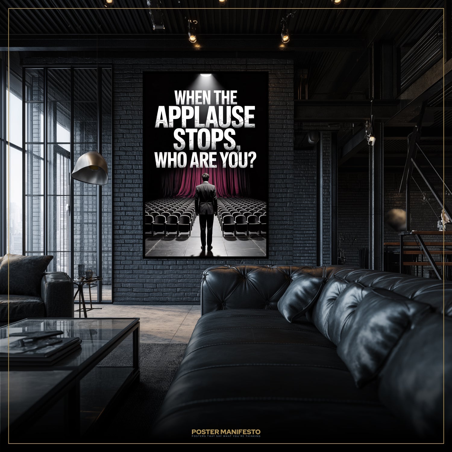 Poster with text 'When the applause stops, who are you?' in a modern living room.
