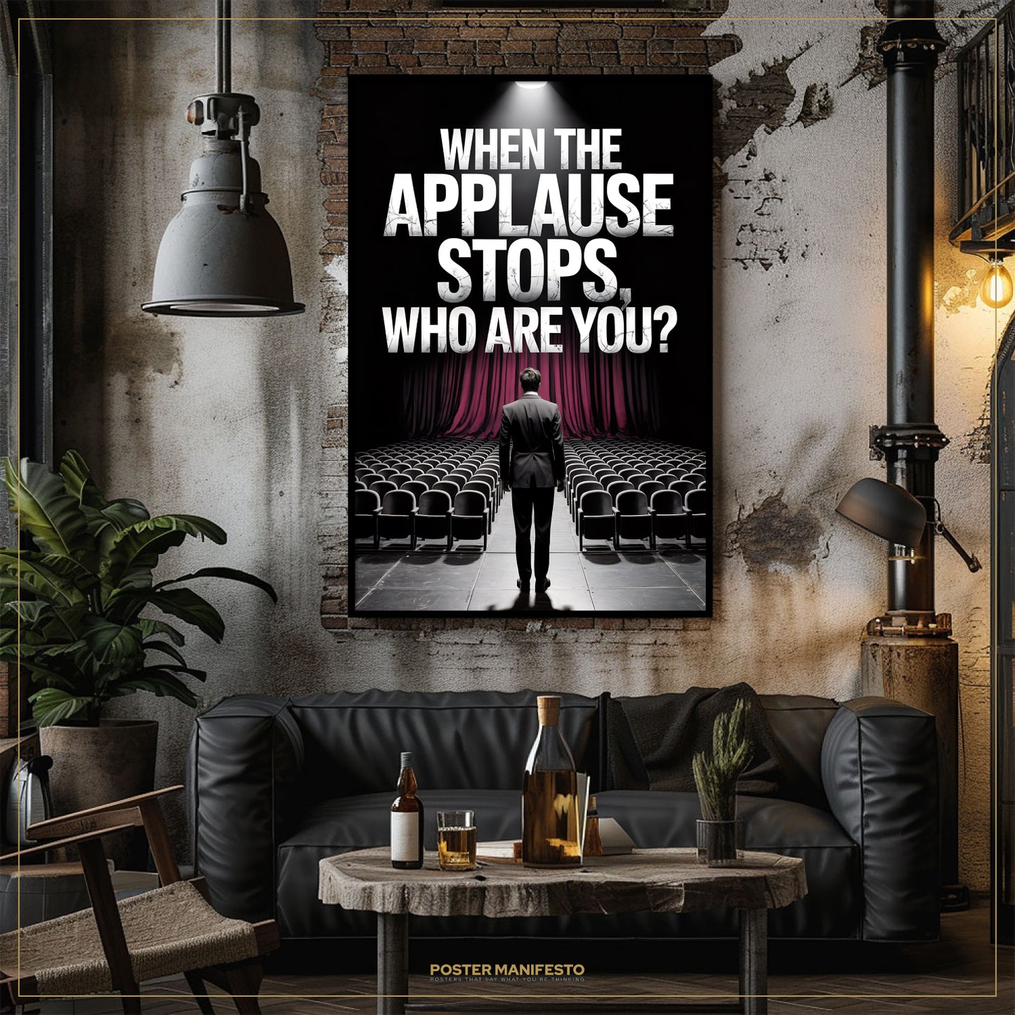 Poster with text 'When the applause stops, who are you?' in a stylish room with a couch and decor.