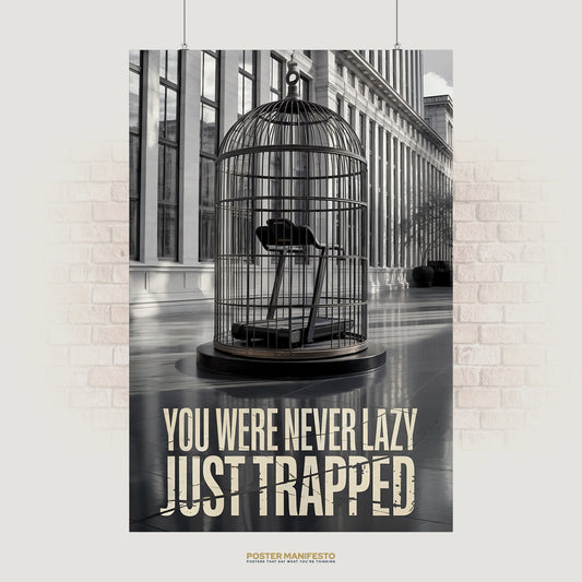 Conceptual poster featuring a treadmill enclosed in a large birdcage, with the bold statement “You Were Never Lazy Just Trapped” overlaid at the bottom.