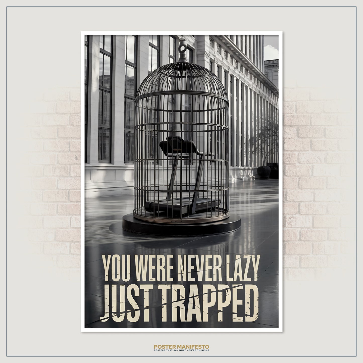 Urban-themed wall art depicting a symbolic cage with a treadmill inside, placed in a grand city square, under a bold motivational statement.