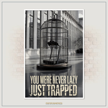 Urban-themed wall art depicting a symbolic cage with a treadmill inside, placed in a grand city square, under a bold motivational statement.