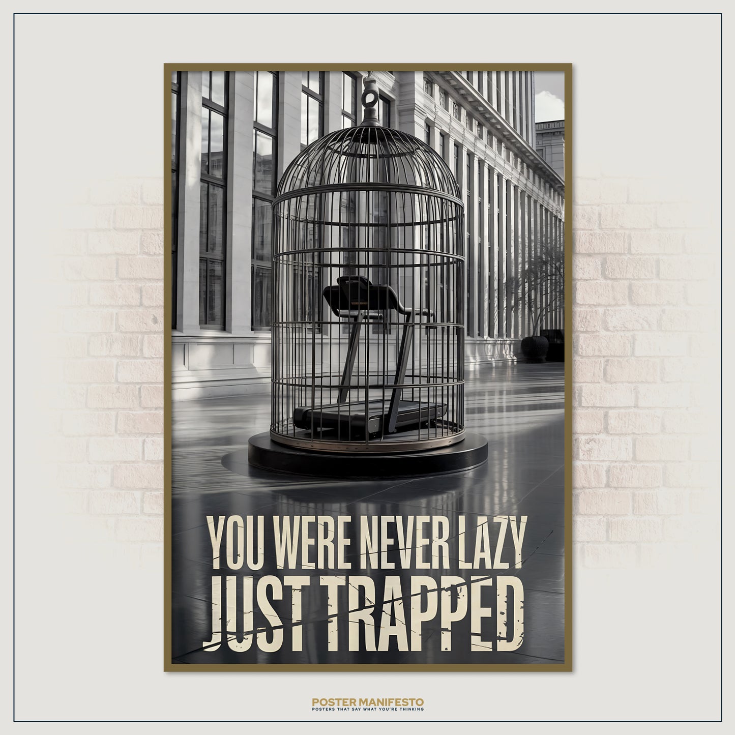 Thought-provoking design of a treadmill locked inside a birdcage, highlighting the theme of unseen restrictions, with impactful large text overlaid.