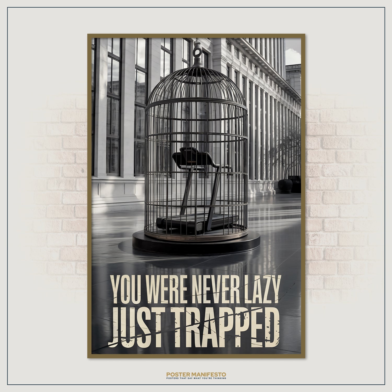 Thought-provoking design of a treadmill locked inside a birdcage, highlighting the theme of unseen restrictions, with impactful large text overlaid.